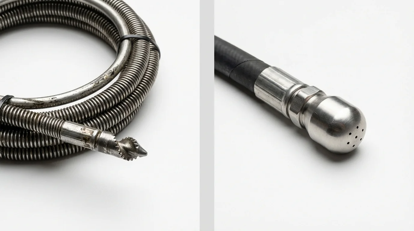 Drain snake cable and hydro jetting nozzle used for drain cleaning in Fiskdale, MA