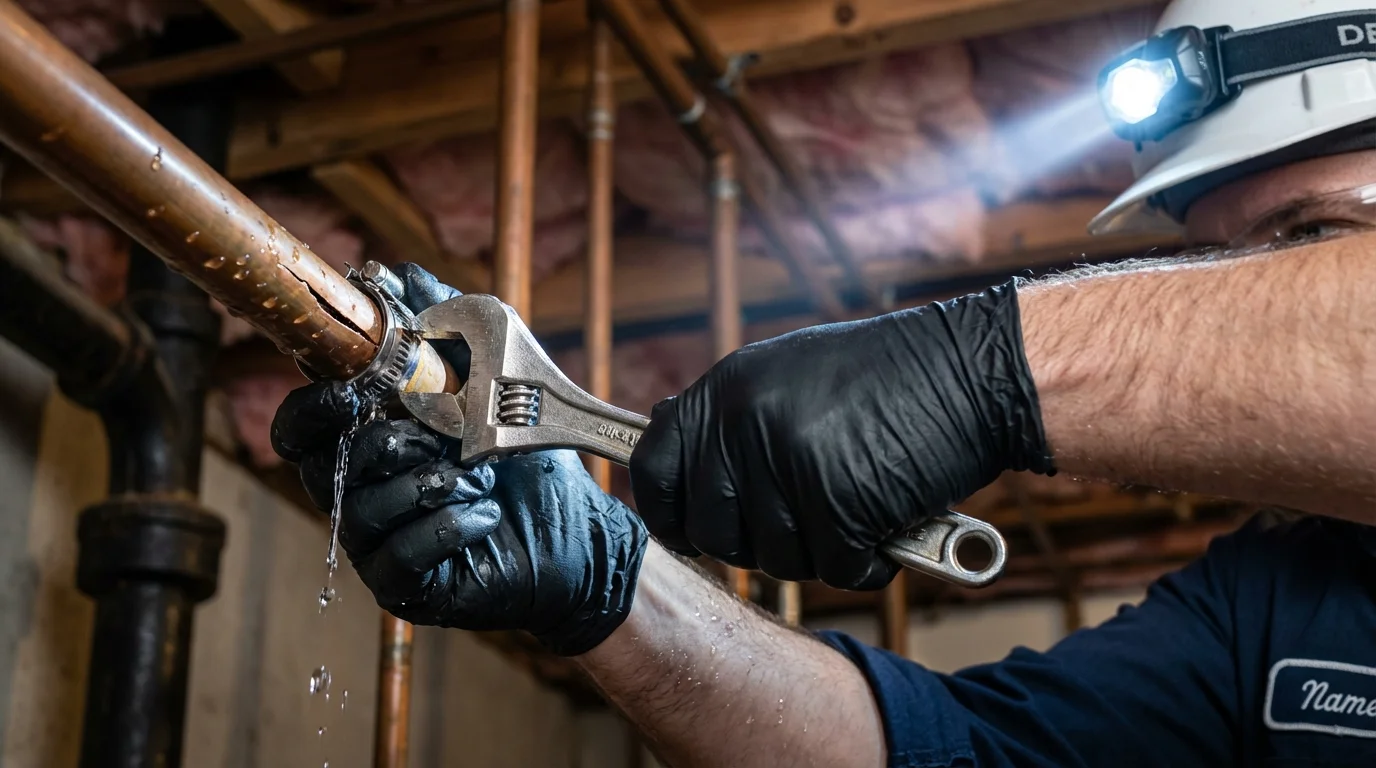 Emergency pipe clamp repair being performed by a Johns Plumbing LLC plumber in Fiskdale