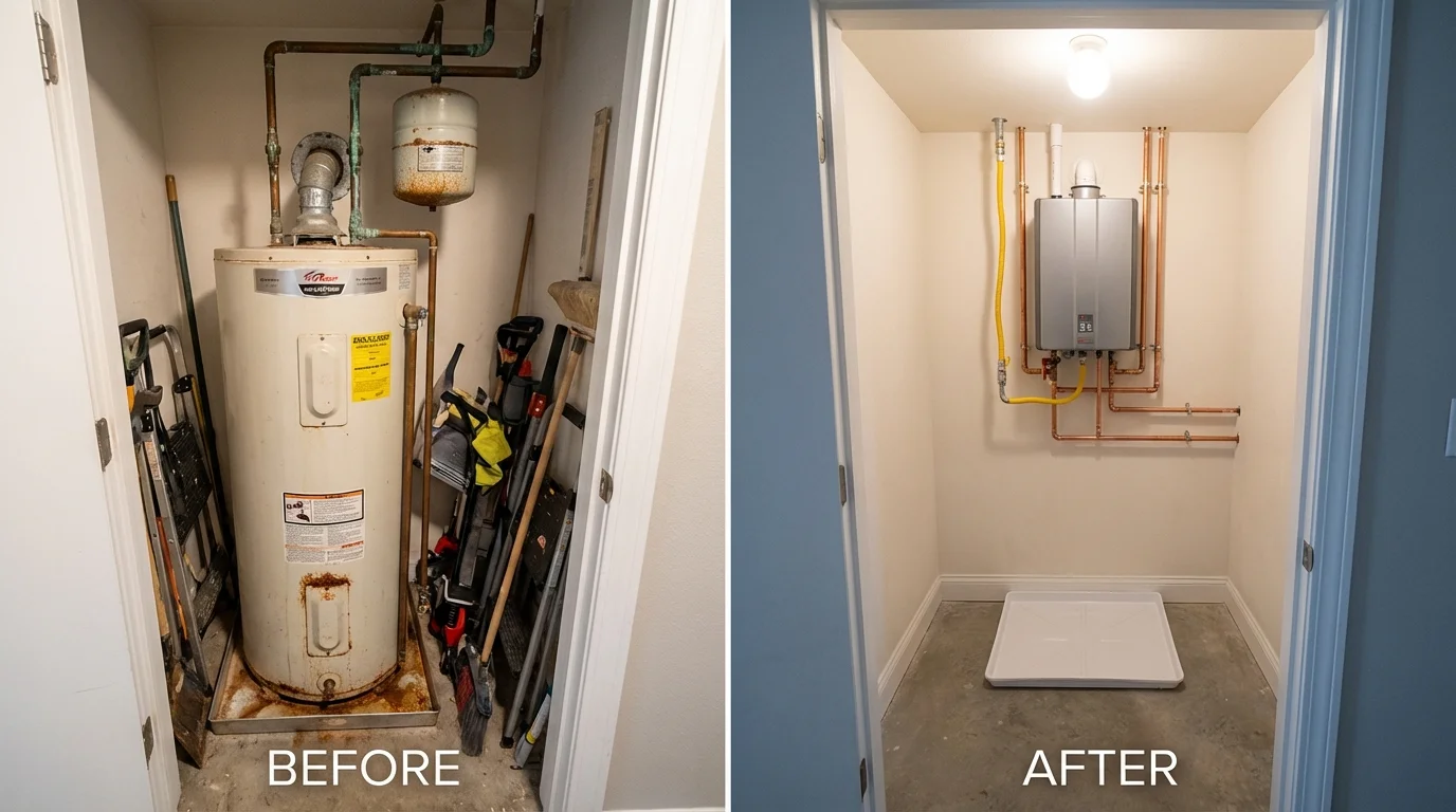 Tank water heater versus wall-mounted tankless unit comparison for Fiskdale, MA homeowners