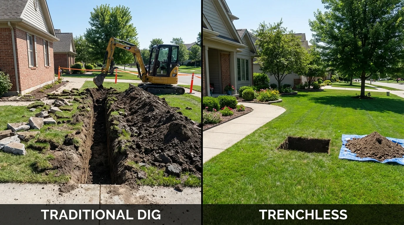 Trenchless sewer repair with minimal yard damage versus traditional excavation in Fiskdale, MA